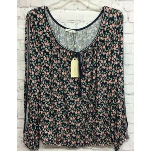 Sophie Max Womens Blouse Blue Green Floral Slit Long Sleeve Tie Stretch XL New